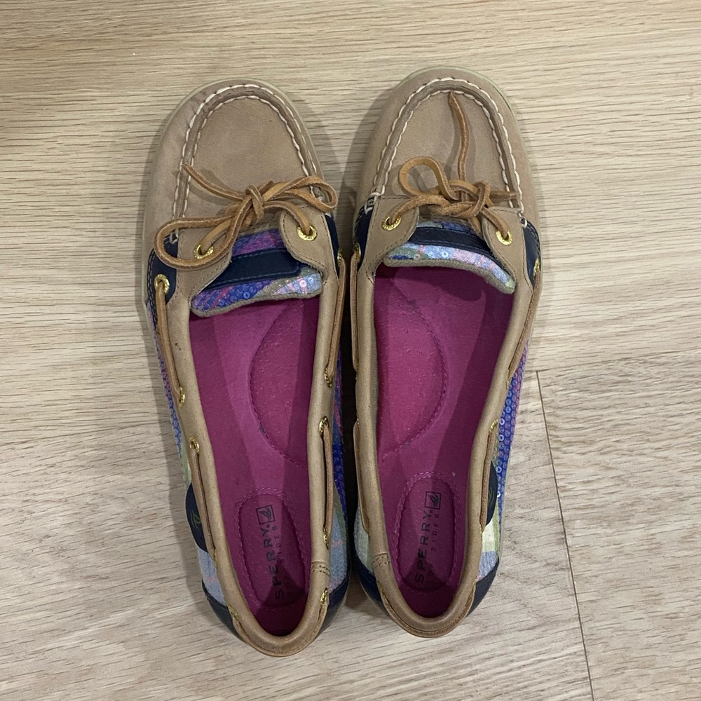 Sperry Tan and Colorful Patterned Loafers